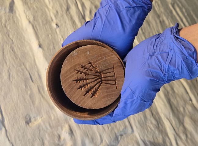 Gloved hands holding are carved wooded artifact.