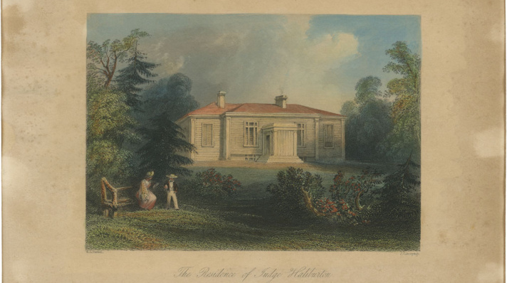 A color lithograph or engraving titled "The Residence of Judge Haliburton" showing a historic home, surrounded by trees and a garden.  Clifton House is a two-story wooden structure with a low-pitched roof, featuring a central portico with columns and a symmetrical facade. It is set back from a large lawn area in the foreground.  In the bottom left corner of the lawn, a woman in a long dress and bonnet is seated on a wooden bench, talking to a small child who is standing nearby, wearing a hat.