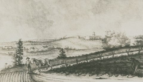 Sketch of King’s College, Windsor, Nova Scotia, as seen from Saulsbrook, circa. 1803.  Nova Scotia Archives Photograph Collection